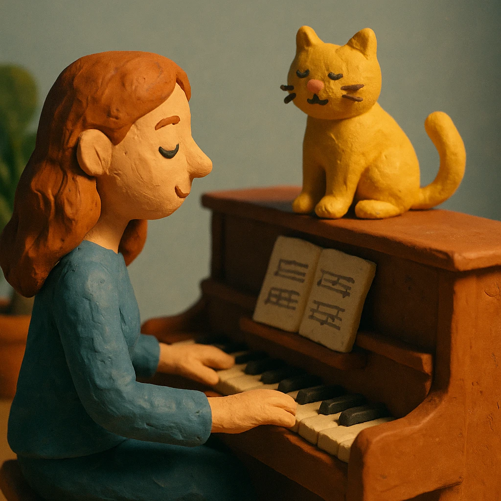 woman playing piano while her cat sits on top of the piano emoji