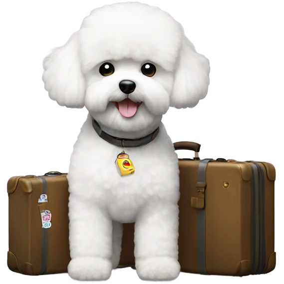 A Bichon Frise standing next to a suitcase filled with iconic places stickers on the suitcase  emoji