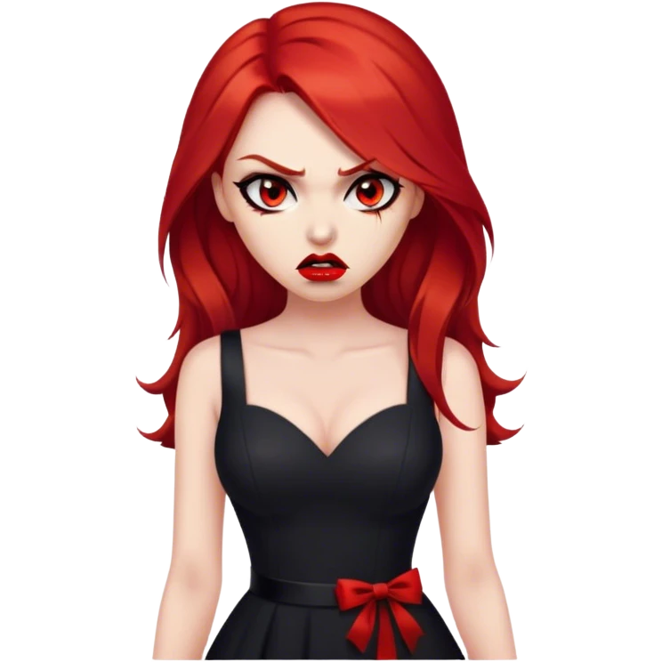 a beautiful very angry woman with long red hair and red eyes. The woman wear a black little cutted dress. She have red lipstick and she have a seductive look. Angry face emoji