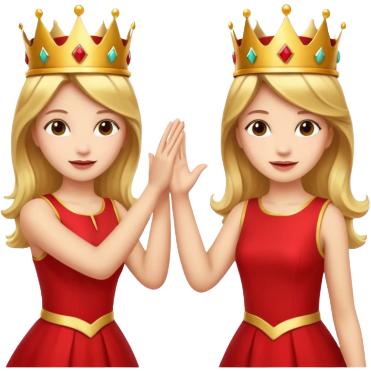 Two women wearing crowns and identical outfits giving each other a high five. emoji