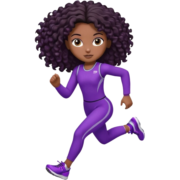 Uma boneca morena escura com olhos castanhos e cabelo cacheado longo até o peito, treinando correndo a roupa roxa com detalhes preto emoji