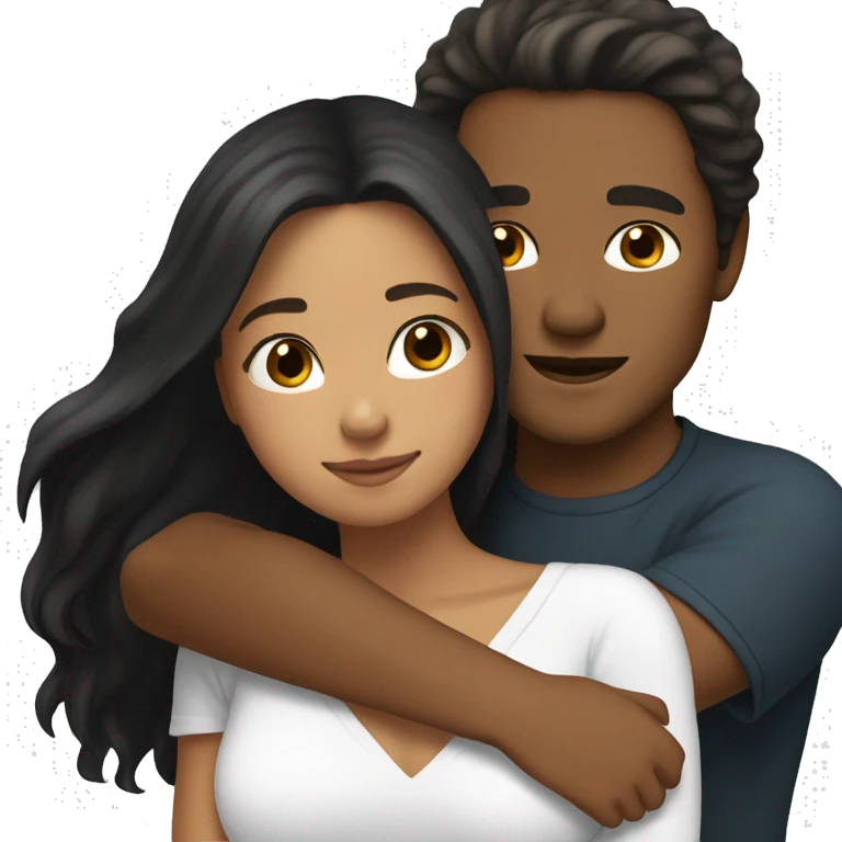 tan skin, Black long hair girl hugging with a white man with brown hair on top emoji