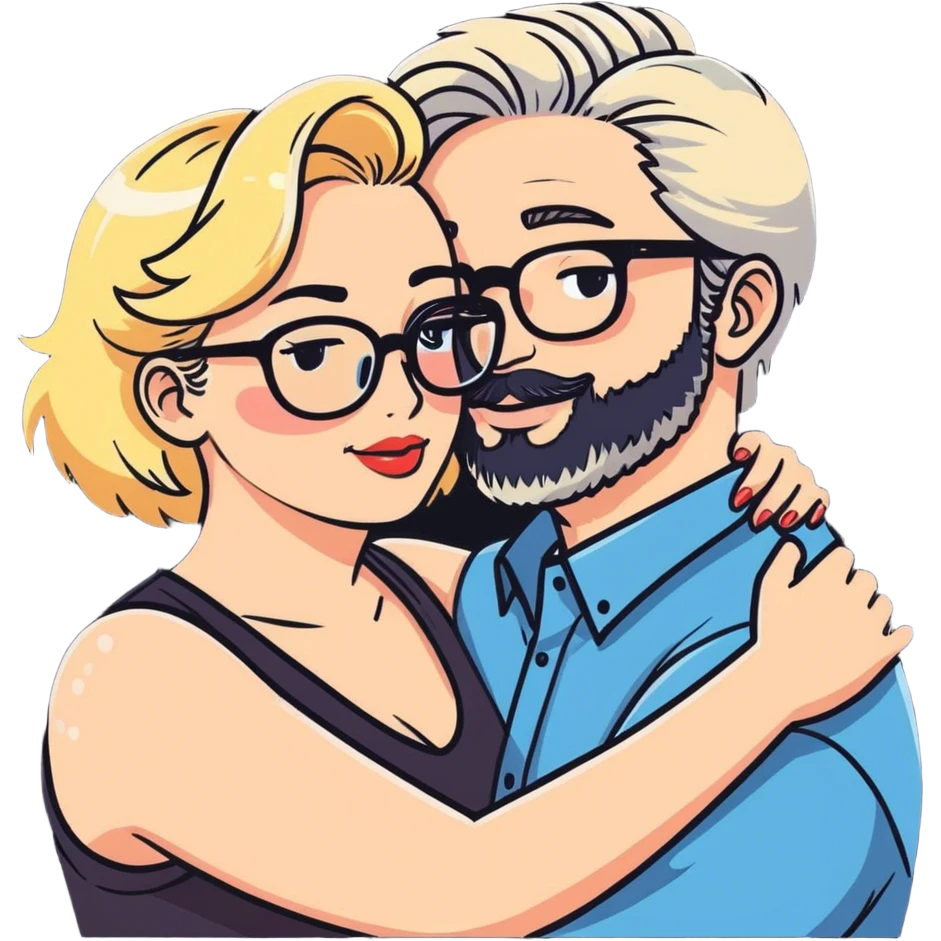 Hyper realistic couple in love, man had a salt and pepper hair and a short stubbly beard and no glasses. The lady is blonde and curvy and wears glasses and makeup emoji