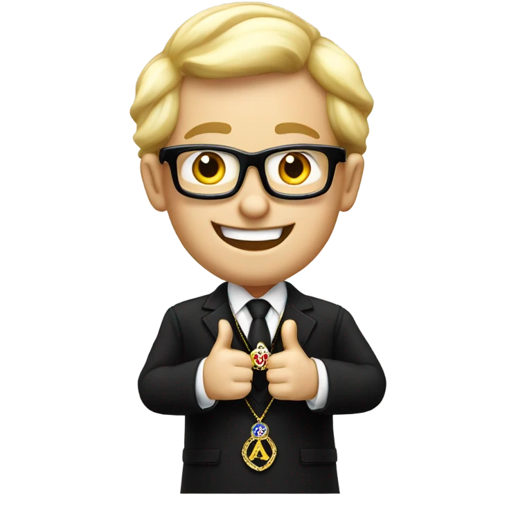 A modern blond , wearing glasses, English Freemason in a black lounge suit, giving a thumbs up , and smiling. He is wearing a Masonic jewel and medal.  emoji