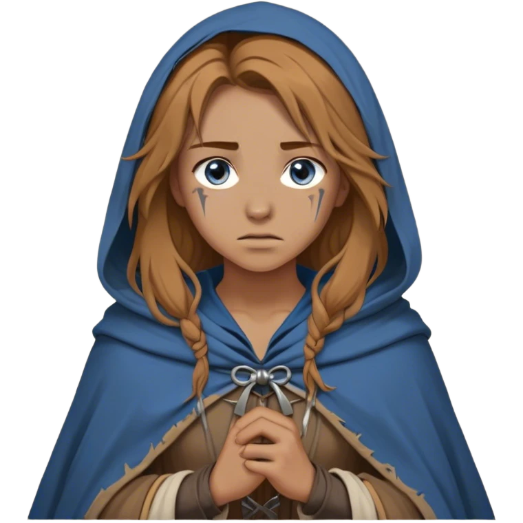 A young human woman with long, unkempt golden-brown hair, piercing blue-gray eyes filled with quiet determination. Dressed in a worn tunic and a tattered cloak, her calloused hands grip a bow, a hunter surviving against the odds. emoji