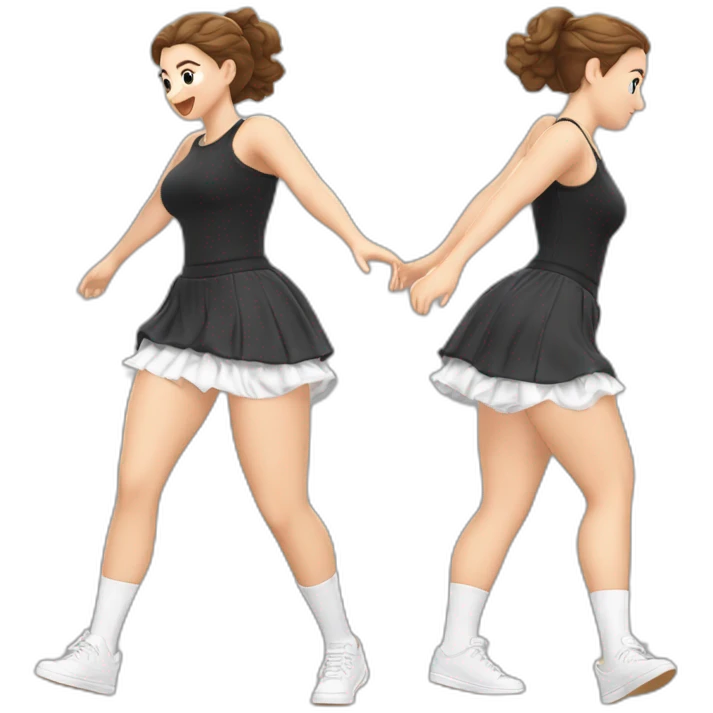 alistic-full-body-caucasian-curvy-beauty-jumping-short-black-skirt-back-and-front-views-strong-wind-white knickers-long-white-socks emoji