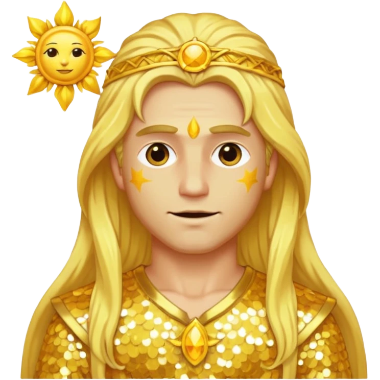 Sol, God of Sun from Gods and Goddesses with long golden blonde hair, yellow and white sequin outfit emoji