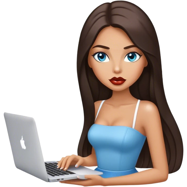 Glamours tanned very beautiful girl with big pump lips and dark chocolate straight smooth long hair, blue-grey eyes with MacBook emoji