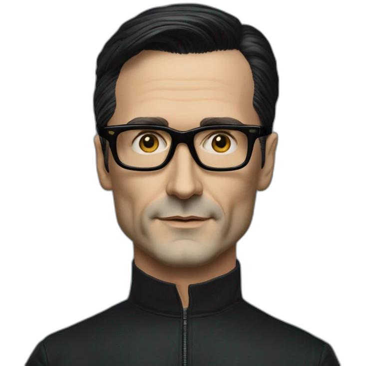 photo realistic Ralf Hutter from Kraftwerk, short straight black hair, black glasses, Tesla T-shirt emoji
