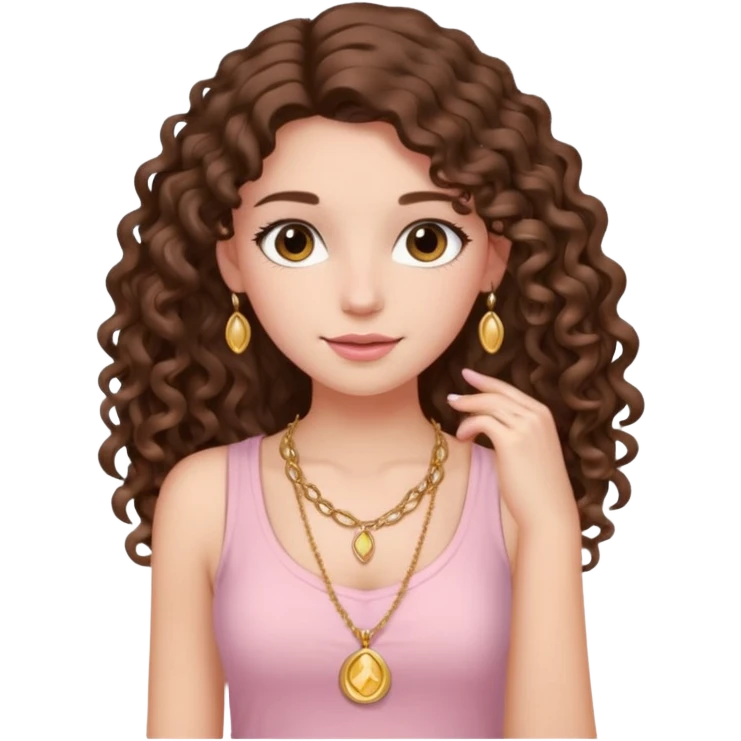 crée moi une jeune fille très belle avec les cheveux bouclés long brune avec un top  sans manche de couleur rose clair avec un peu de maquillage un collier en or emoji