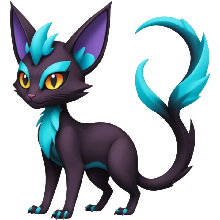 Black and cyan edgy Noivern-Noibat-Purloin-Torracat-Lykoi-Caracal-cat-Fakemon-fusion-hybrid-creature, full body emoji
