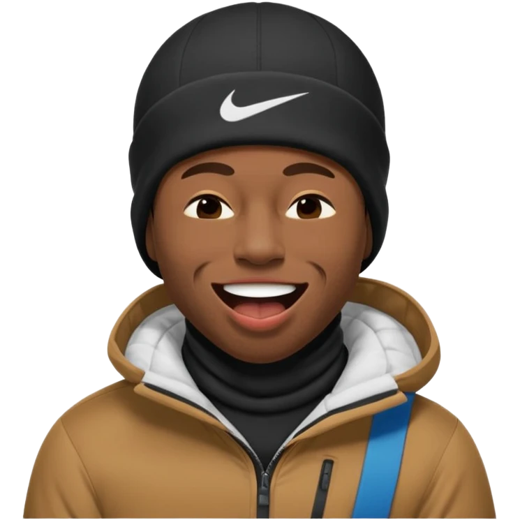 black guy with nike ski mask on squinching his face with his mouth closed trying to hold his laugh with his eyes closed emoji