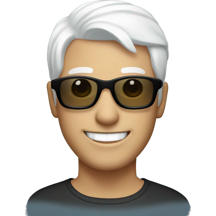man with short white hair and blue eyes wearing black sunglasses and smiling emoji