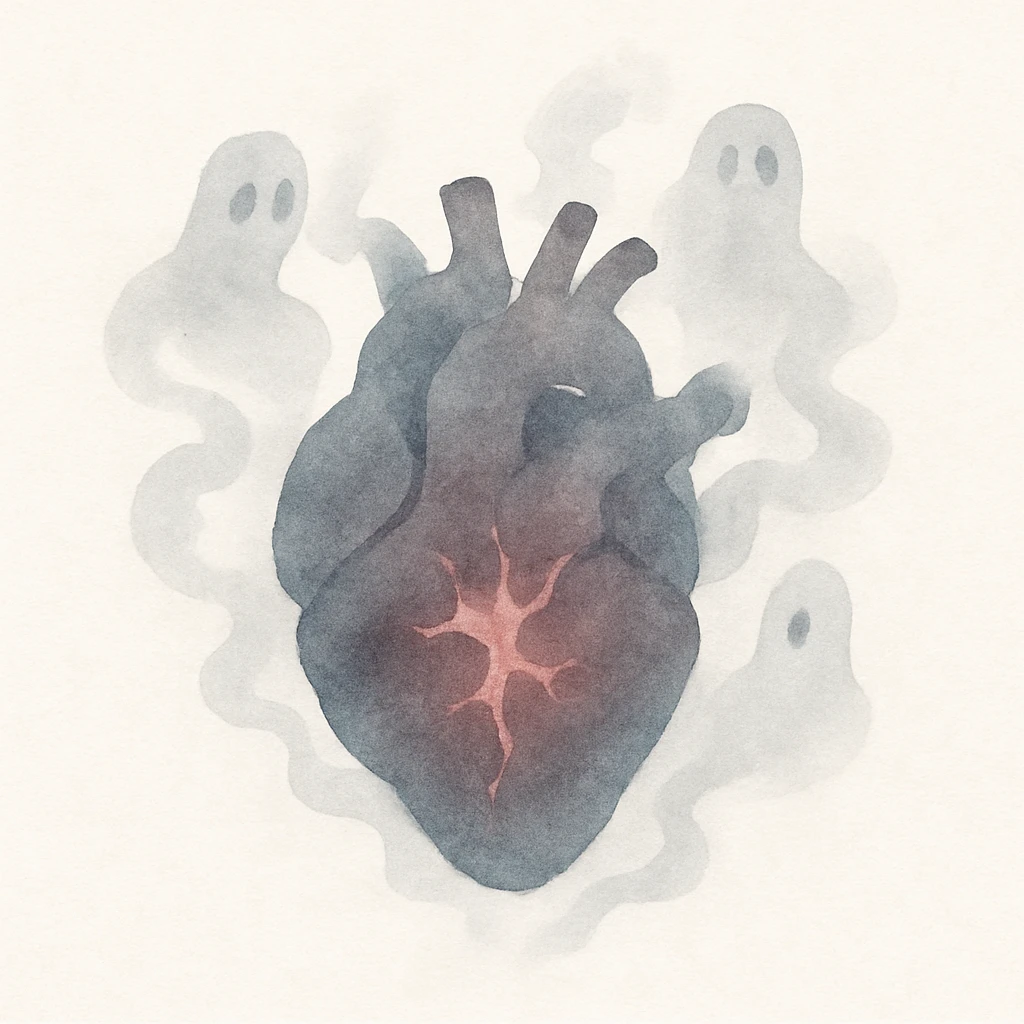 a cursed monster heart, pulsating with dark energy, surrounded by ghostly mist, in a painterly fantasy style emoji