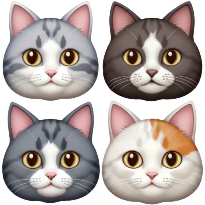 4 different coloured short haired cats including; a dark brown and white cat, and a dark grey and white  emoji