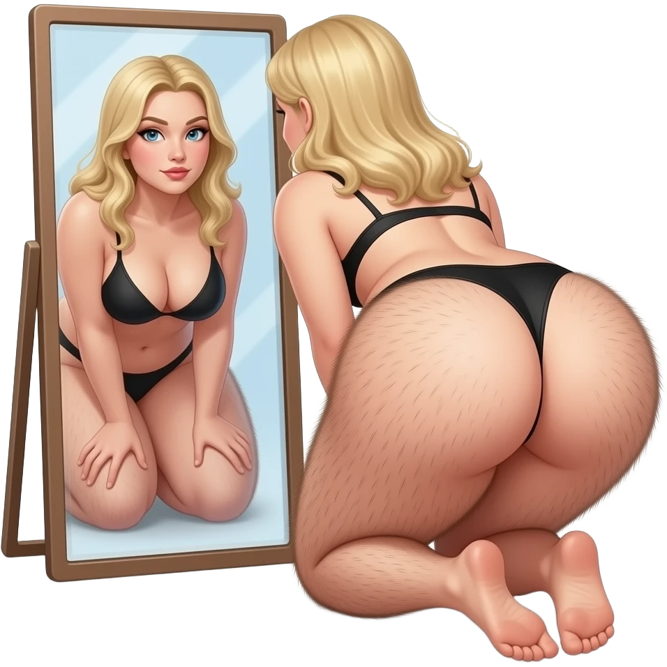 Thick voluptuous  extremely hairy buttocks cheeks blonde female spreading open  butt cheeks and observing looking back  hairy butthole wide open looking at it in mirror awaiting over mirror on ground touching toes emoji