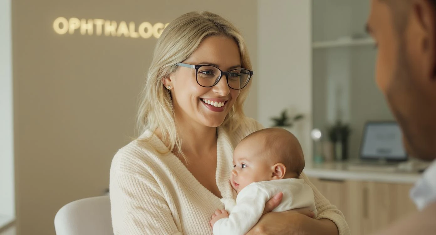 Cinematic still, Proffesional advertising of a smiling european white woman with glasses smiling holding baby, minimalistic ophthalmologist interior in background, leading  lines, "rule of thirds", 60/30/10 colors, soft light, warm colors emoji