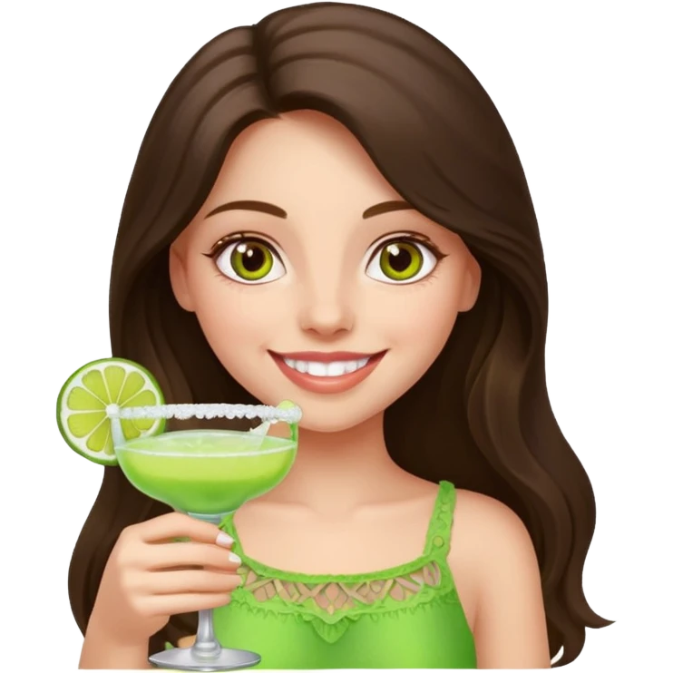 happy long haired brunette girl hazel eyes in light pink holding a margarita   emoji