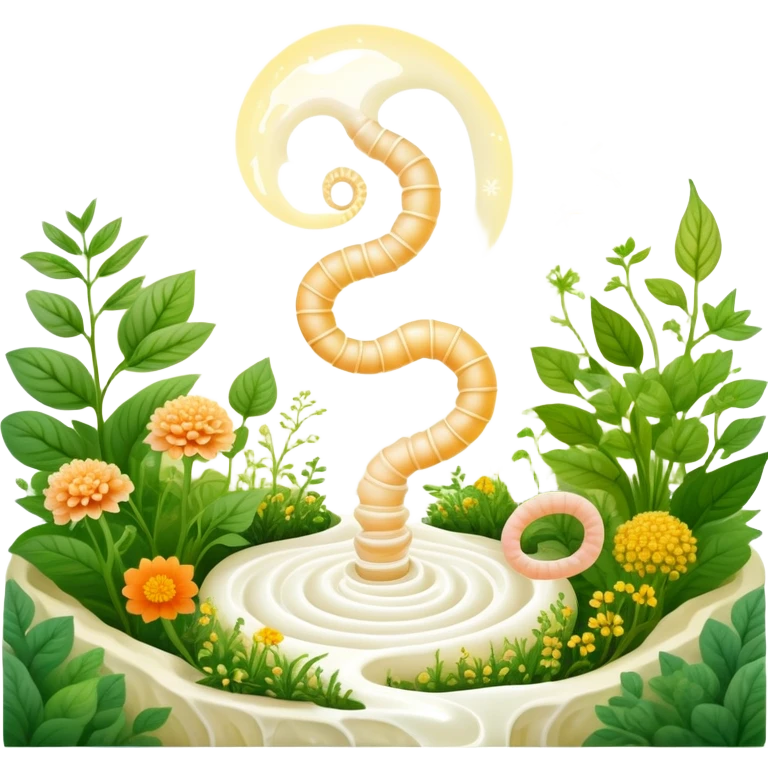 Magical garden with yogurt, kimchi, and kombucha appearing as glowing plants. A spiral intestine forms the center path, with golden beneficial bacteria floating like pollen and light seeds. The scene has an ethereal, dreamy quality representing the inner ecosystem. emoji