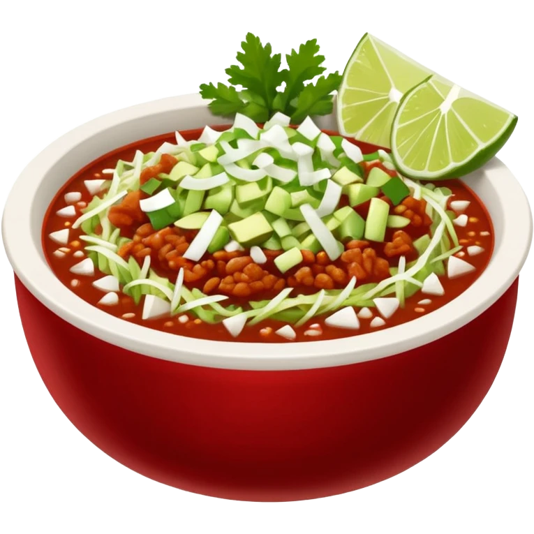 A delicious hot bowl of pozole rojo with separate sides: white chopped onions, green shredded cabbage, lime wedges, red chile de arbol salsa, and tostadas emoji