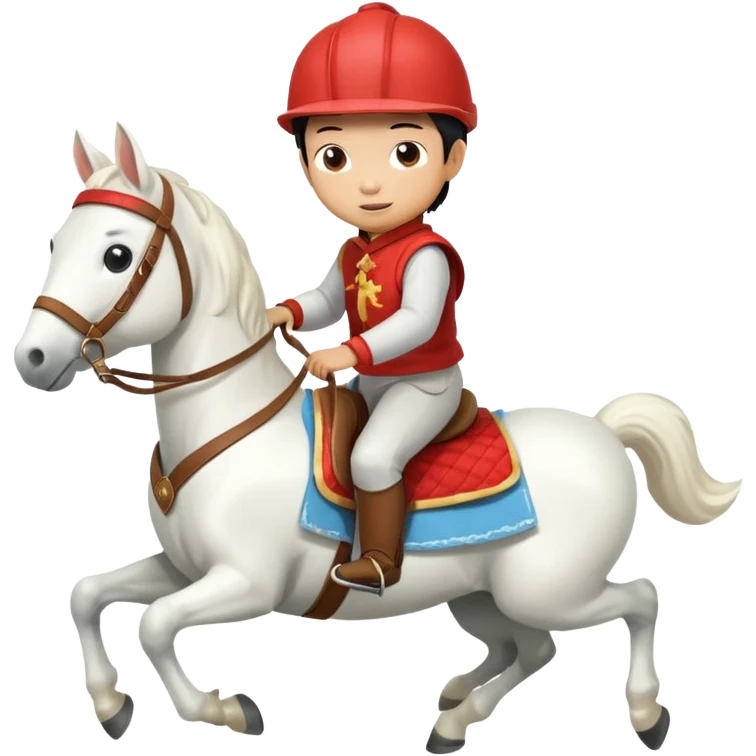“A Chinese little boy is riding a cute white small horse, and the horse is running. The blanket on the saddle says ‘2026.’” emoji