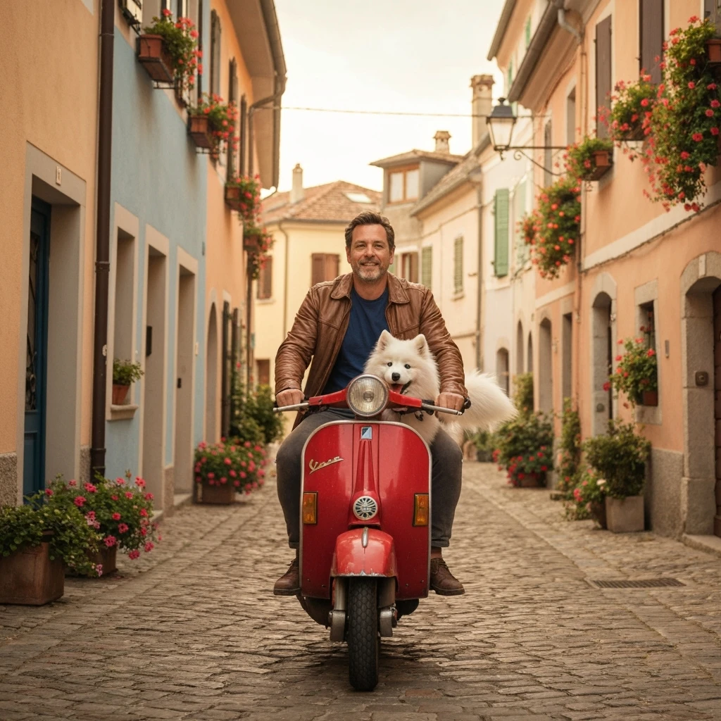 man and his pet dog riding a vespa emoji