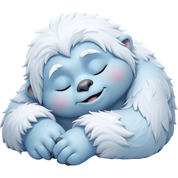 Meme-Worthy Cute Sleeping Yeti Portrait Emoji, with a charming, fluffy, snow-dusted figure in gentle whites and cool blues, head resting in blissful, serene slumber with closed, peaceful eyes and a small, contented smile, simplified yet irresistibly adorable, highly detailed with a soft frosty outline that captures the tender drowsiness of a yeti drifting into snowy dreams! emoji