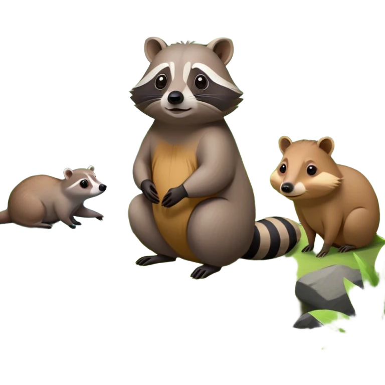 Collage of a raccoon and capybara in a lush, vibrant forest. The raccoon curiously looks around, while the capybara rests peacefully near a stream. The forest is full of green trees, leaves, and soft sunlight. A serene and natural background. emoji