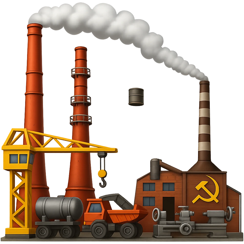Add more visible machinery and equipment to the Soviet heavy equipment plant in emoji style, with no background. emoji