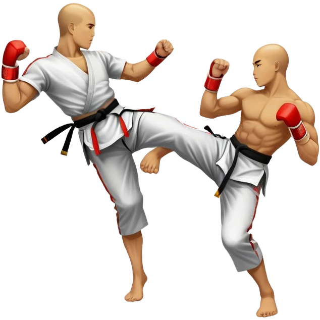 An emblem-style design featuring crossed martial arts weapons like a fist and foot, symbolizing striking combat sports. The background includes a silhouette of a fighter in an action pose, with dynamic lines and bold colors, showcasing speed and power. Transparent background. emoji