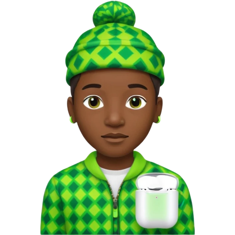 Create me an detailed emoji of a cool Young Nigerian prince wearing a neon green gradient African patterns with  a hat (a Nigerian-inspired patterned hat) and apple airpods emoji