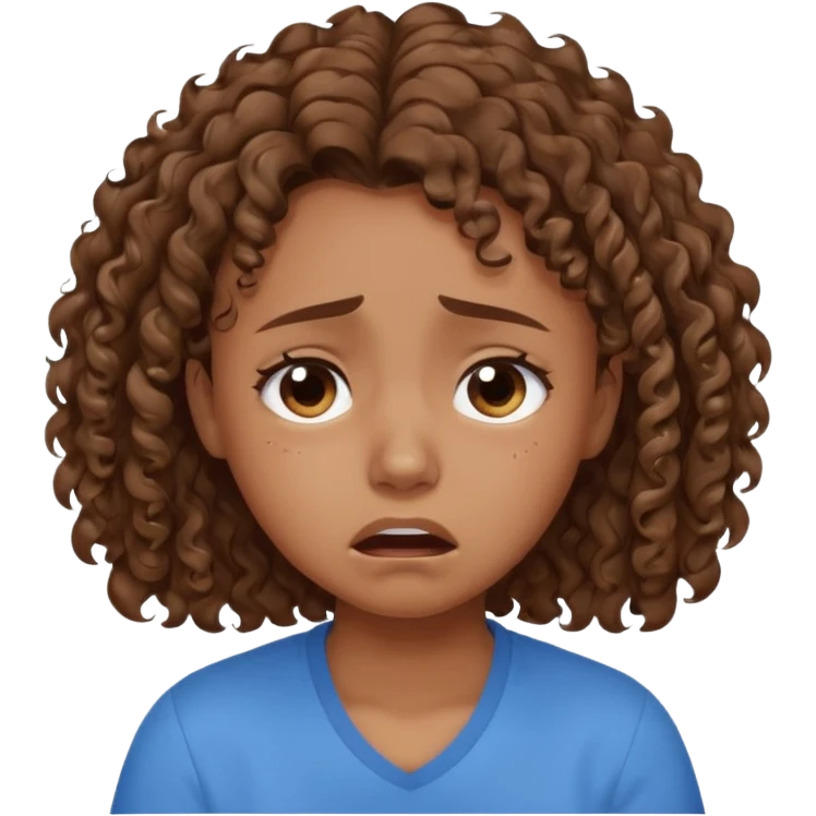 young curly hair girl, brown hair, with a blue shirt, in despair crying emoji