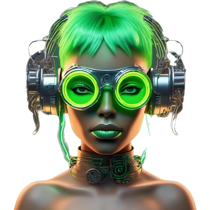 Neon green bobbed hair Latina female cyborg head with silver steampunk goggles and circuits emoji
