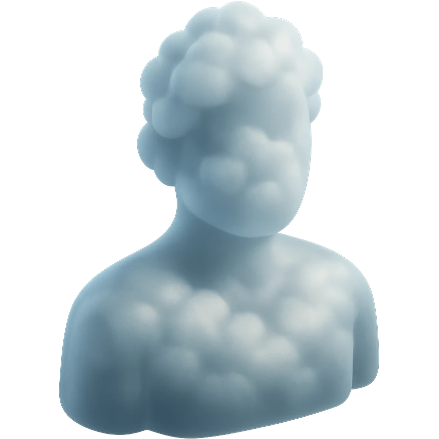 person made entirely of white fluffy clouds, shoulder up, front view, matte glass style emoji