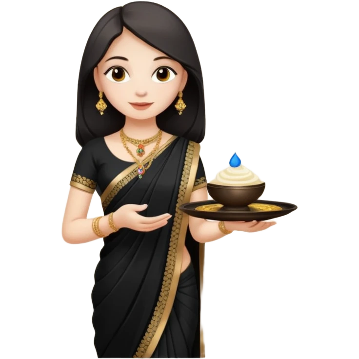 Russian girl in Indian black saree with full image from head to leg and holding a cream colour small tray in her both hands emoji