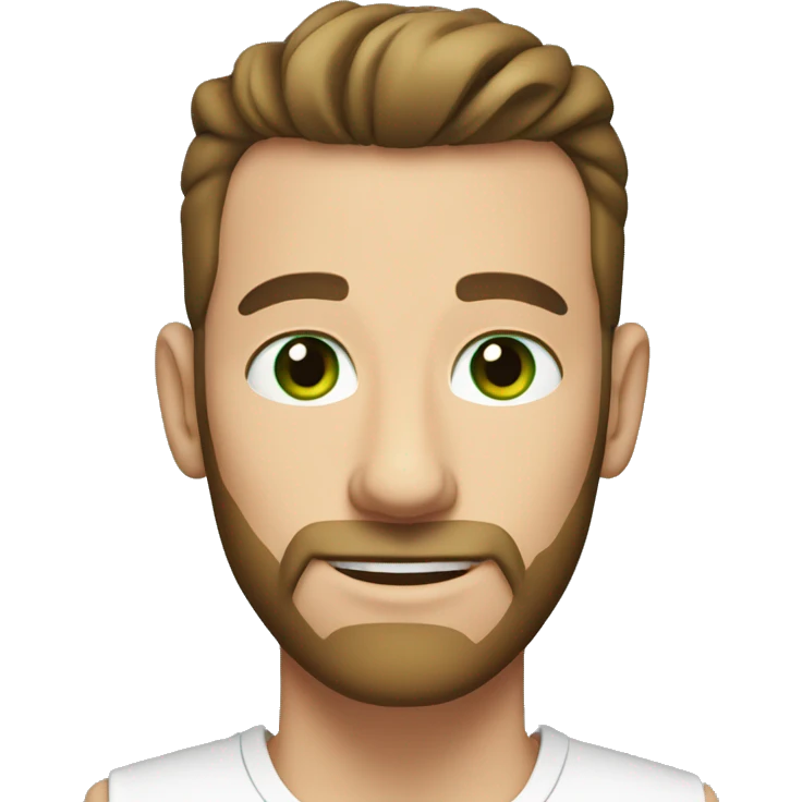 white man with short beard and a top knot brown hair. green eyes. slightly smiling. emoji
