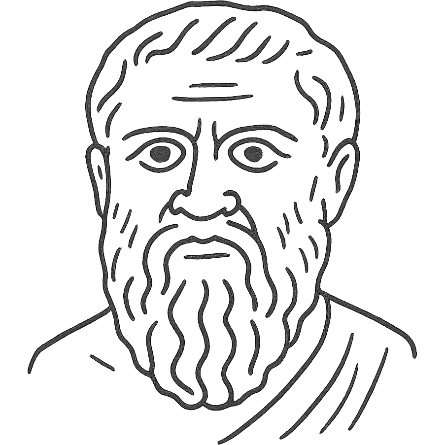 a hand drawn black outline portrait of Plato with similar-sized eyes based a famous portrait of him emoji