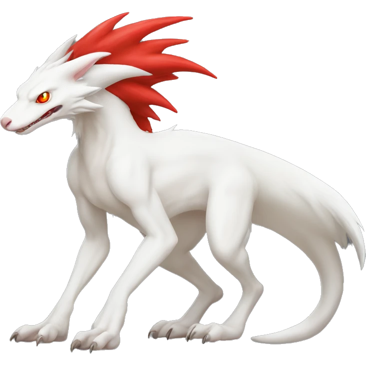 White albino sergal-vernid with red mane and red eyes, full body emoji