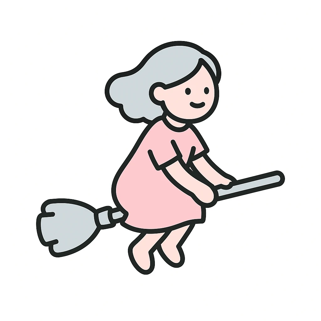 a simple girl flying on a broom, wearing a white dress, minimal style emoji