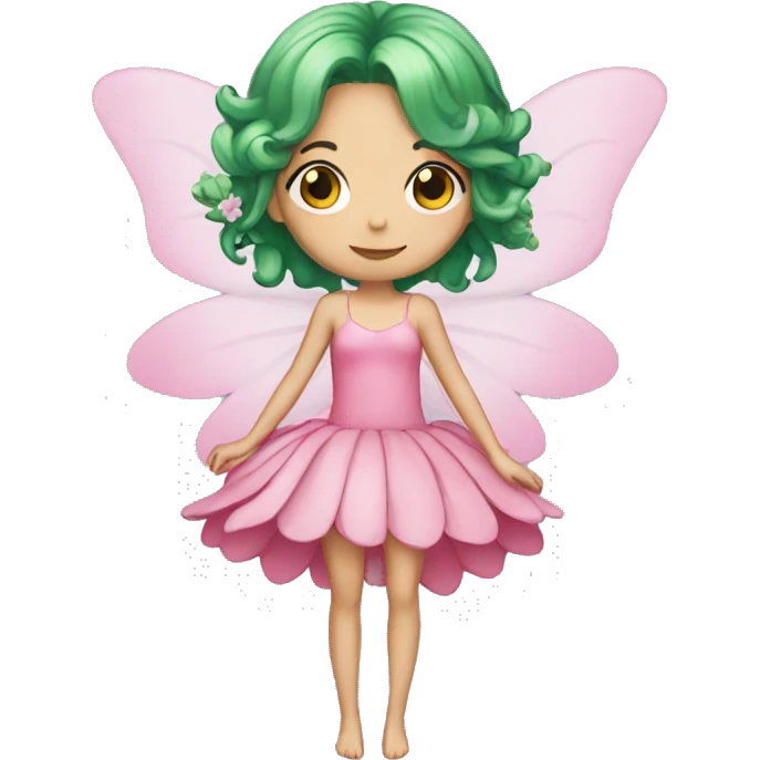 A skinny fairy, green hair, wings, pink dress with flowers  emoji