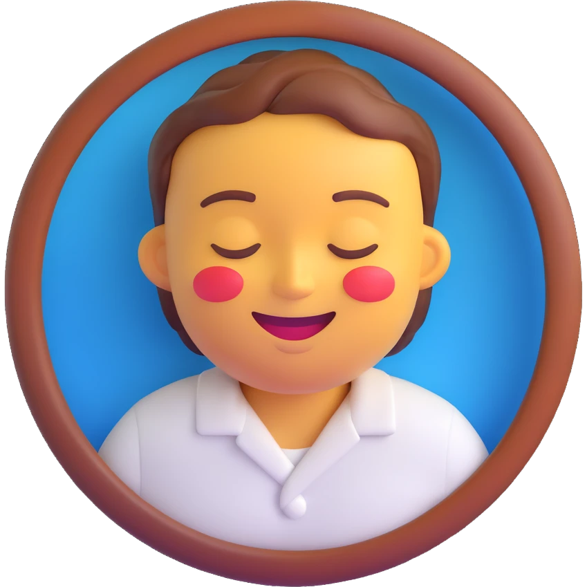 3D render of a smiling face emoji with closed eyes, glossy and realistic, as the head on a human body wearing a white shirt, centered in a circular frame with a solid vibrant blue background, playful and slightly surreal style, smooth lighting, soft shadows emoji