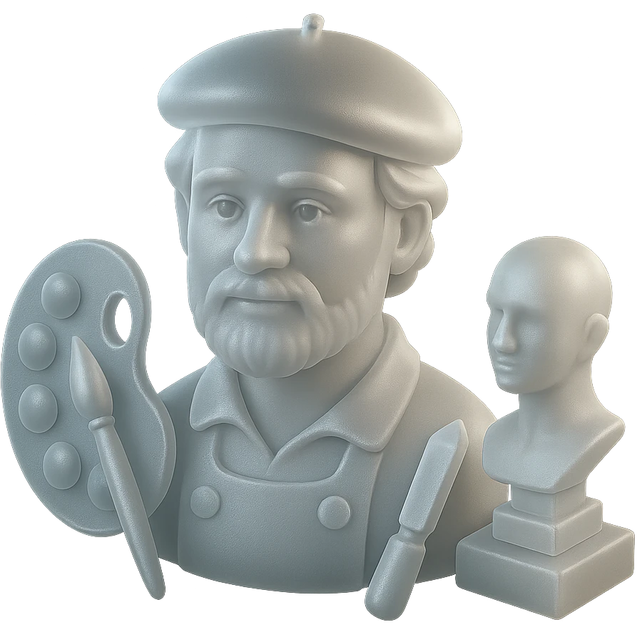 realistic 3D portrait of an artist with both painting and sculpting tools, high-resolution, lifelike face emoji