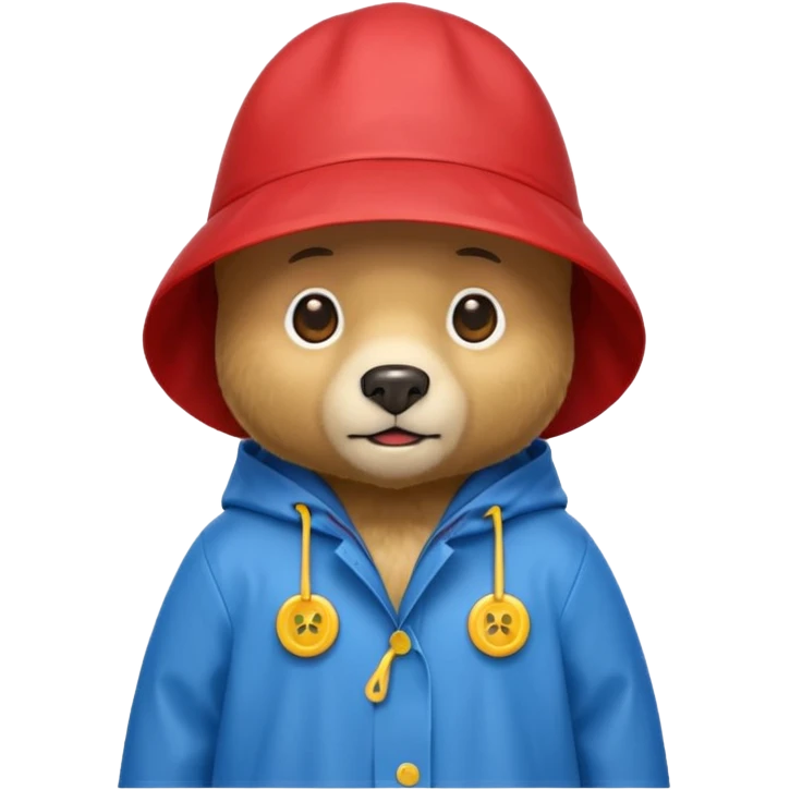 A bear in a red rain hat and a blue raincoat with yellow buttons down the middle emoji