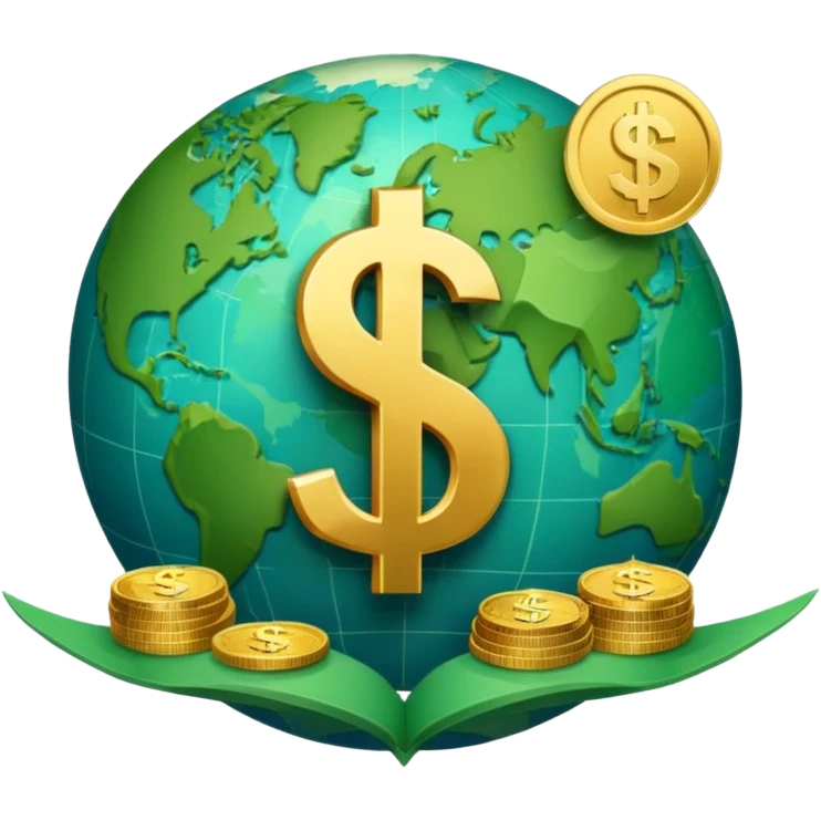 An icon featuring  a dollar sign, and a chart with upward trends, symbolizing economics. The design includes coins, bills, and earth e, representing global trade and financial systems. Transparent background highlights the study of markets, supply, and demand. emoji