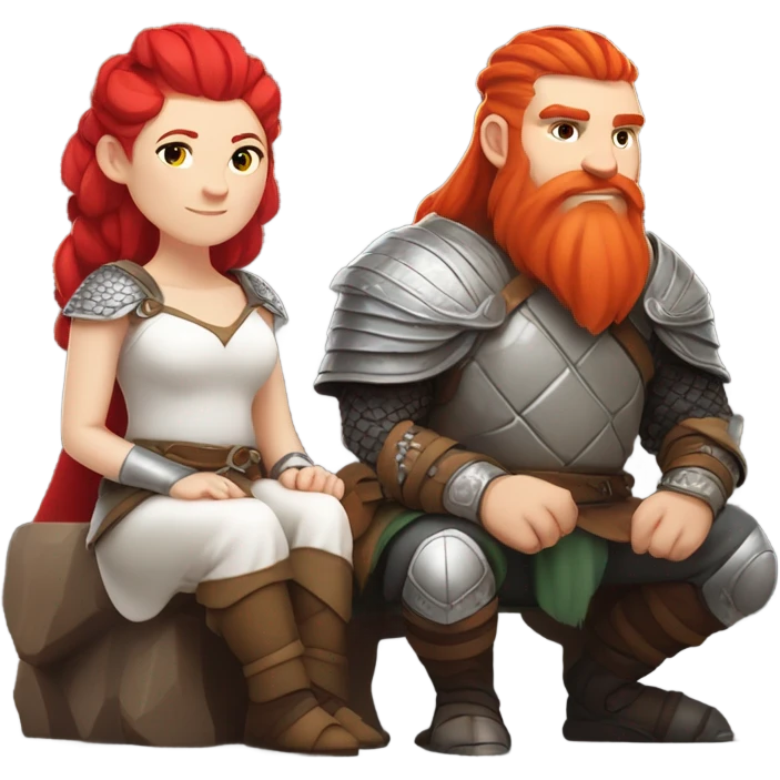  White Viking red head pale skin beautiful dragon  queen with a Viking solder with a gray man bun built white solder on a dragon  emoji