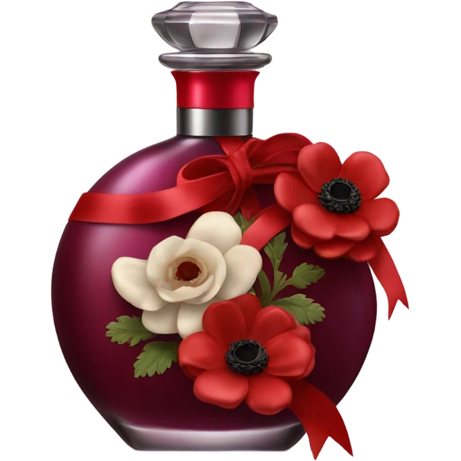 Dark red romantic perfume bottle with red anemones and a silk red ribbon emoji
