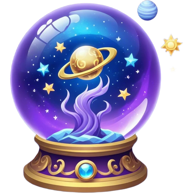 A mystical, glowing crystal ball with swirling sparkles, surrounded by zodiac signs and planets floating in space, all set against a transparent background. Use bright purples, blues, and golds to create a magical, mysterious vibe. emoji