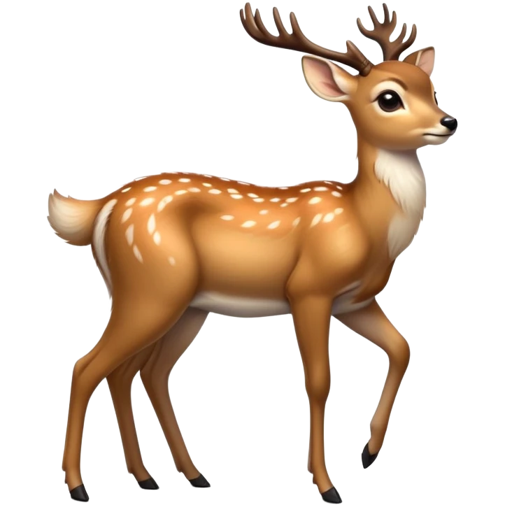 cinematic-[deer]-realistic-full-body-standing on all fours-emoji,-tail-tucked-close,-head-tilted-dramatically,-sleek-[fawn]-fur,-simplified-yet-realistic-focused-features,-highly-detailed,-glowing-with-an-almost-sarcastic-glow big antlers emoji