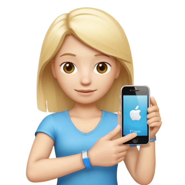 3D emoji character in Apple iPhone style, blond hair, no glasses, white tattoo on the arm, holding an iPhone in one hand, cute and friendly expression, smooth and shiny skin, minimalistic design, high quality, vibrant colors, realistic lighting, isolated on white background emoji