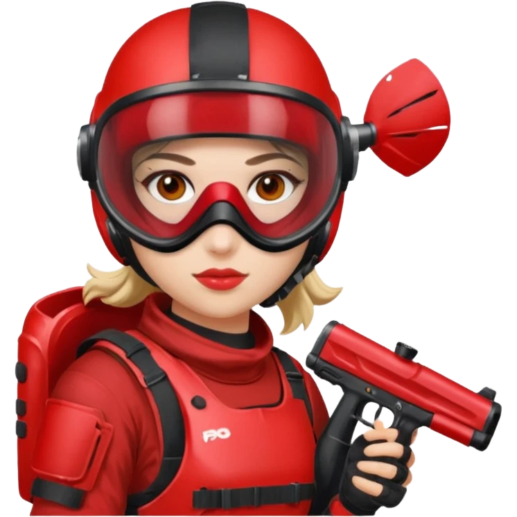 girl playing paintball with red paintball gear and only face emoji